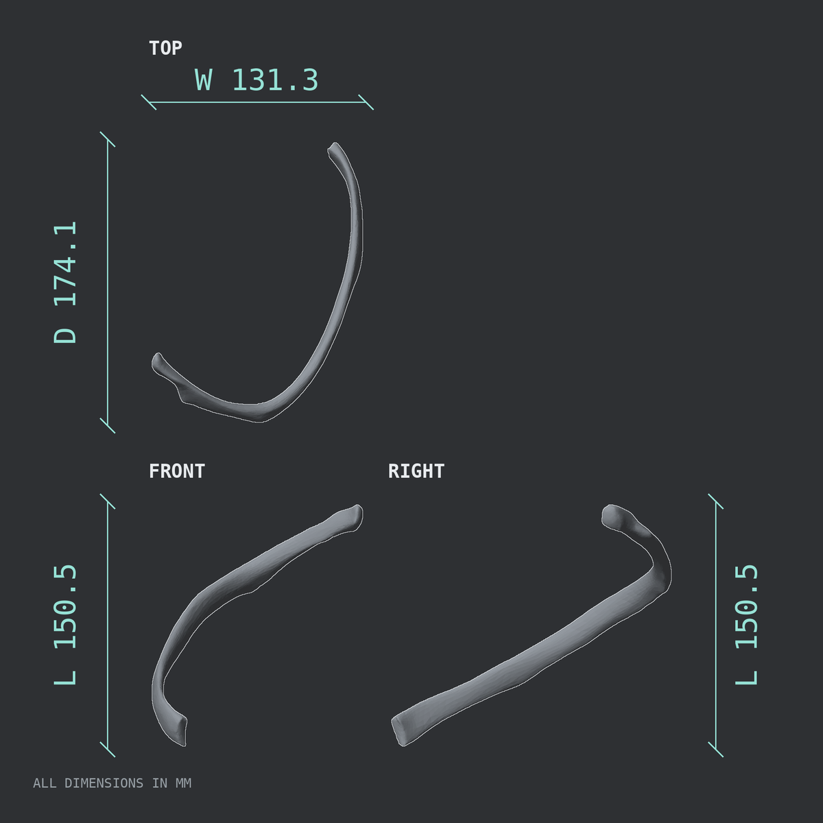 3D rendered dimensional drawing of the Right eighth rib (false rib), top, front, and side views.