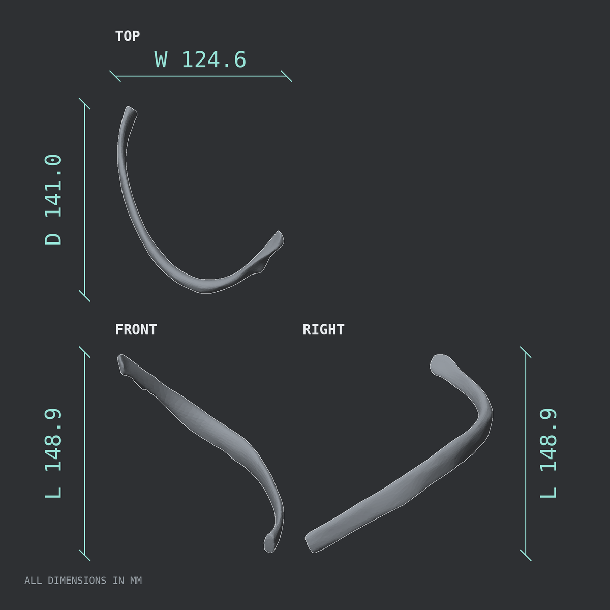 3D rendered dimensional drawing of the Left ninth rib (false rib), top, front, and side views.