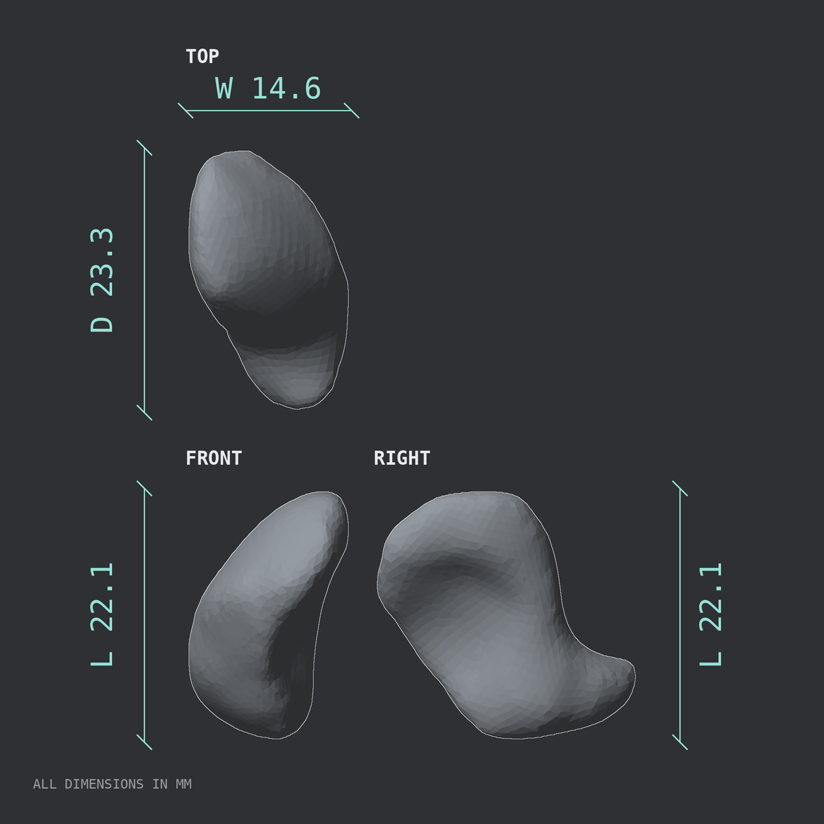 3D rendered dimensional drawing of the Left scaphoid bone (wrist), top, front, and side views.