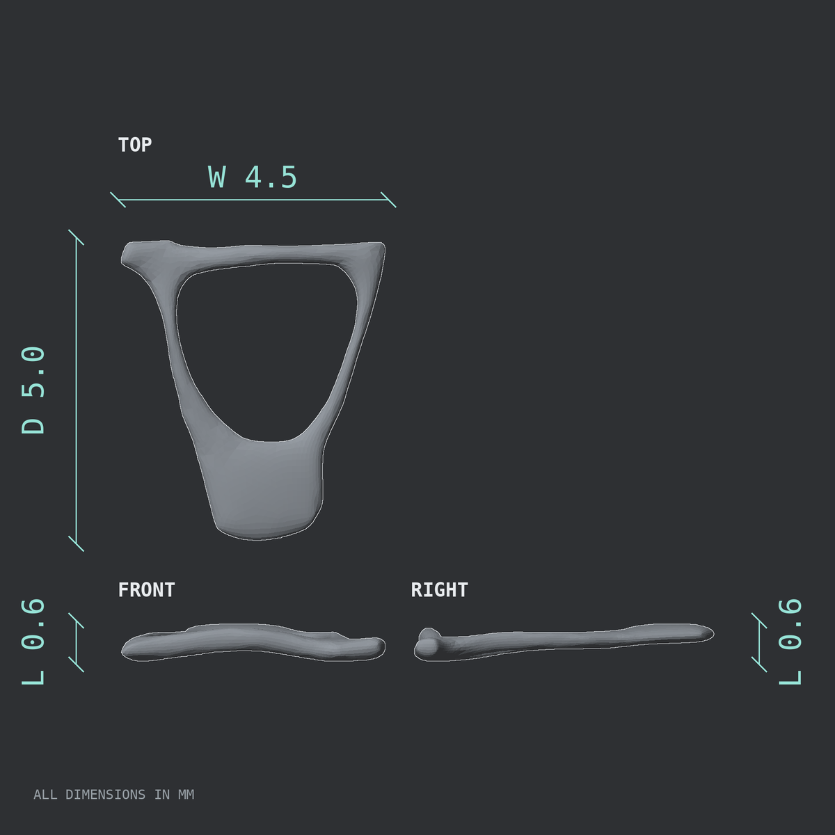 3D rendered dimensional drawing of the Left stapes (middle ear ossicle), top, front, and side views.
