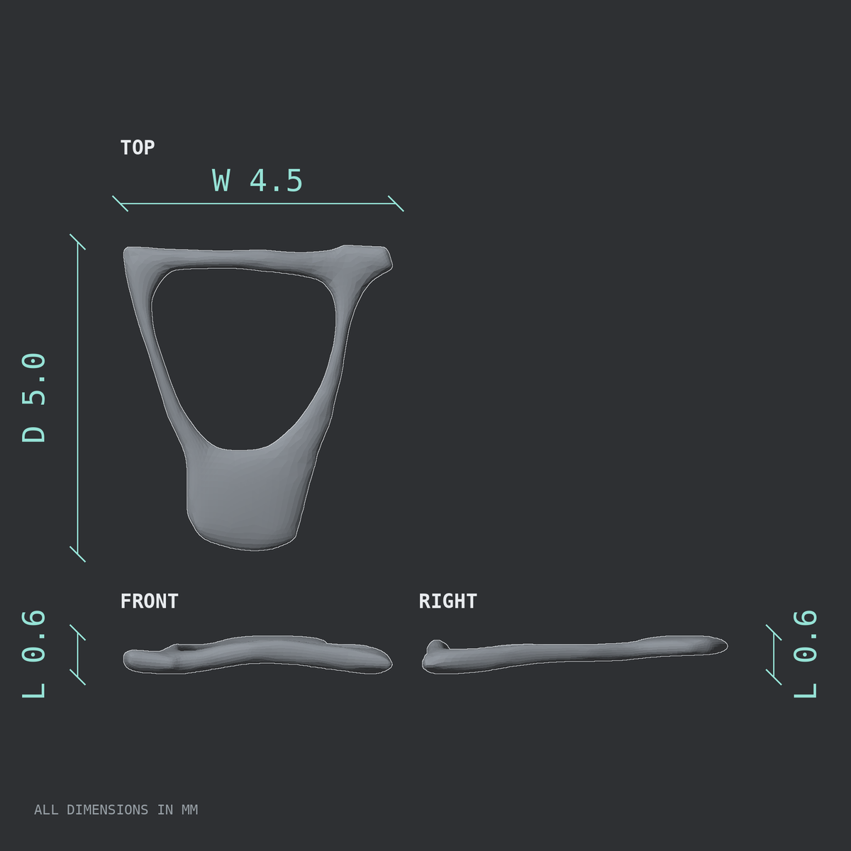 3D rendered dimensional drawing of the Right stapes (middle ear ossicle), top, front, and side views.