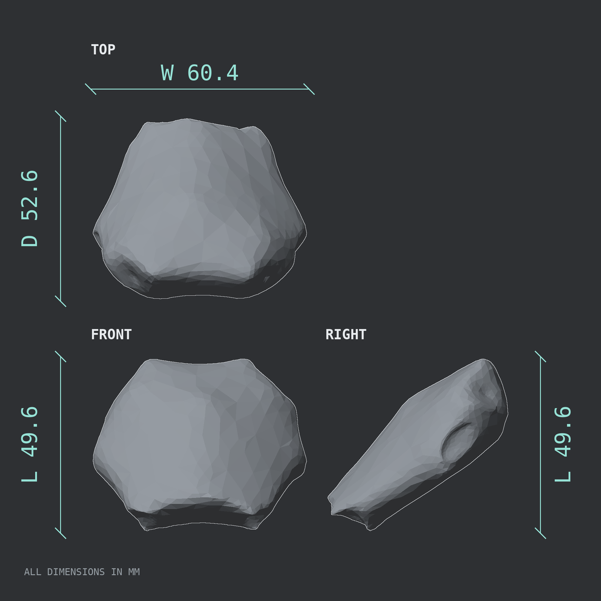 3D rendered dimensional drawing of the Sternum manubrium, top, front, and side views.