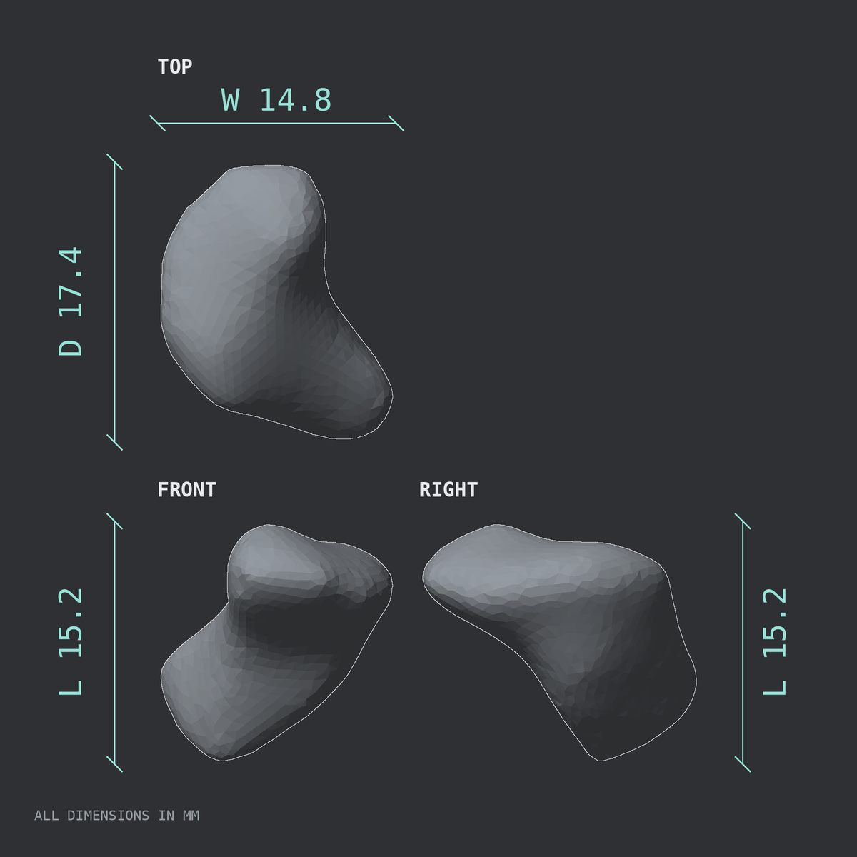 3D rendered dimensional drawing of the Right trapezoid bone (wrist), top, front, and side views.