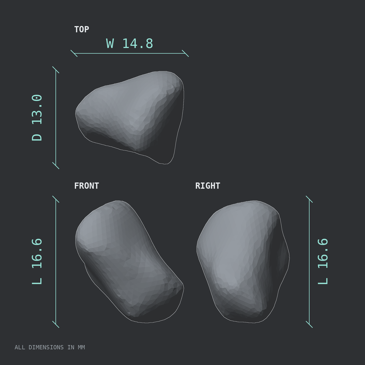 3D rendered dimensional drawing of the Left triquetrum bone (wrist), top, front, and side views.