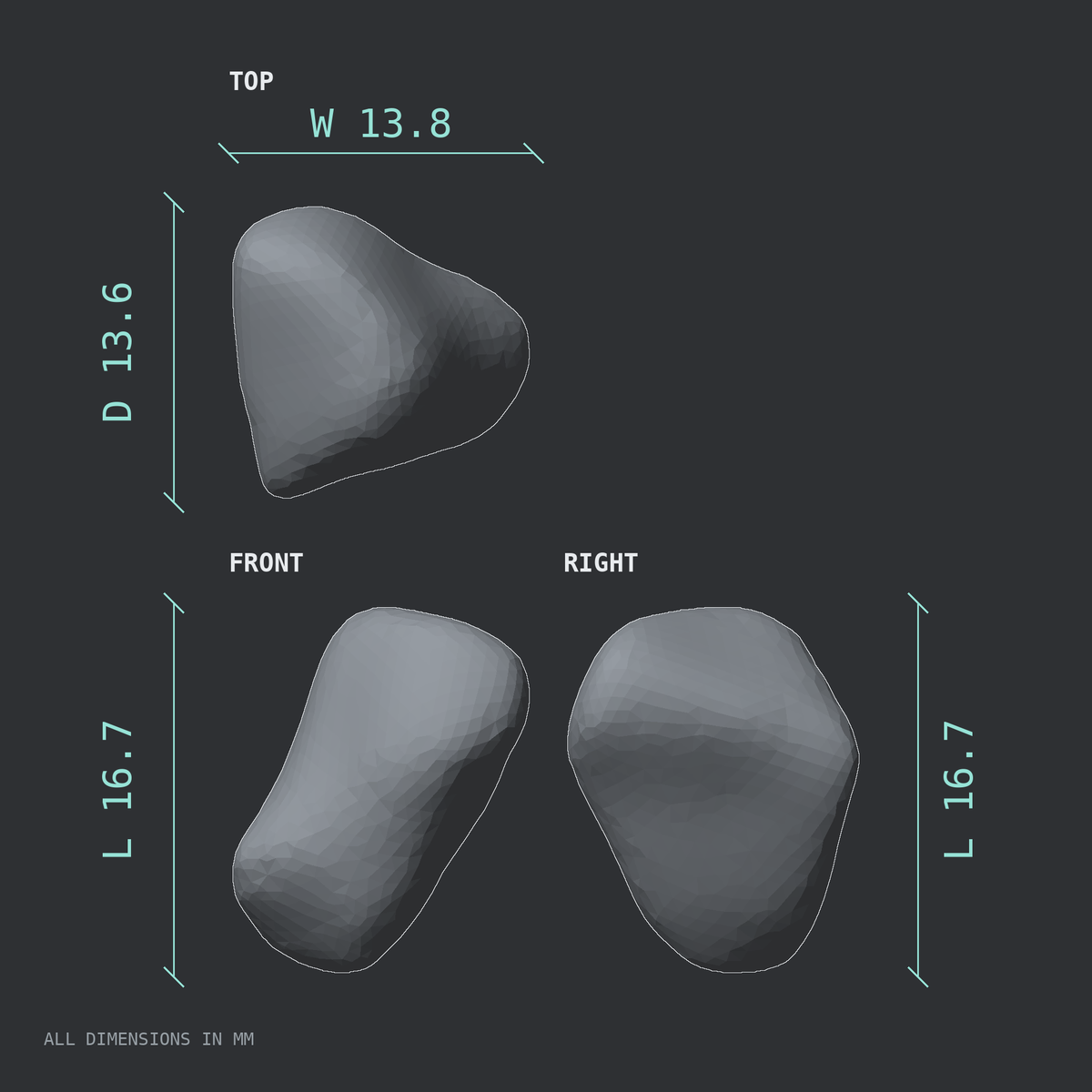3D rendered dimensional drawing of the Right triquetrum bone (wrist), top, front, and side views.