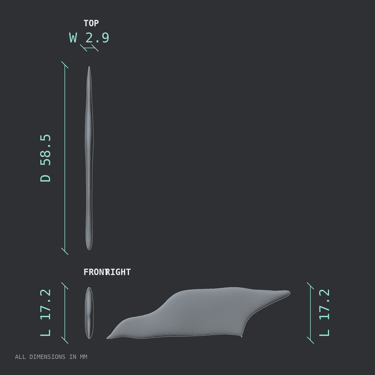 3D rendered dimensional drawing of the Vomer bone, top, front, and side views.