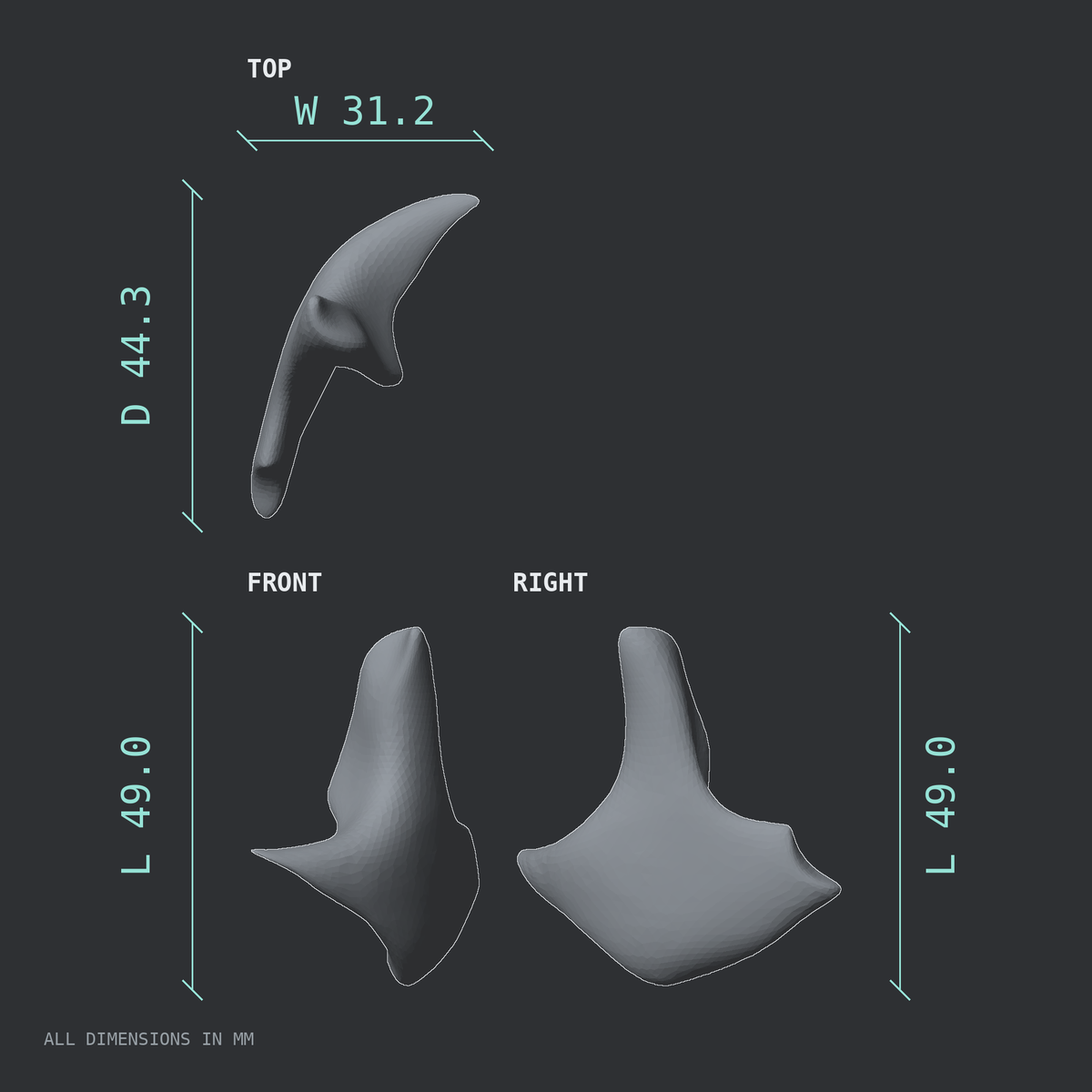3D rendered dimensional drawing of the Left zygomatic bone (cheekbone), top, front, and side views.
