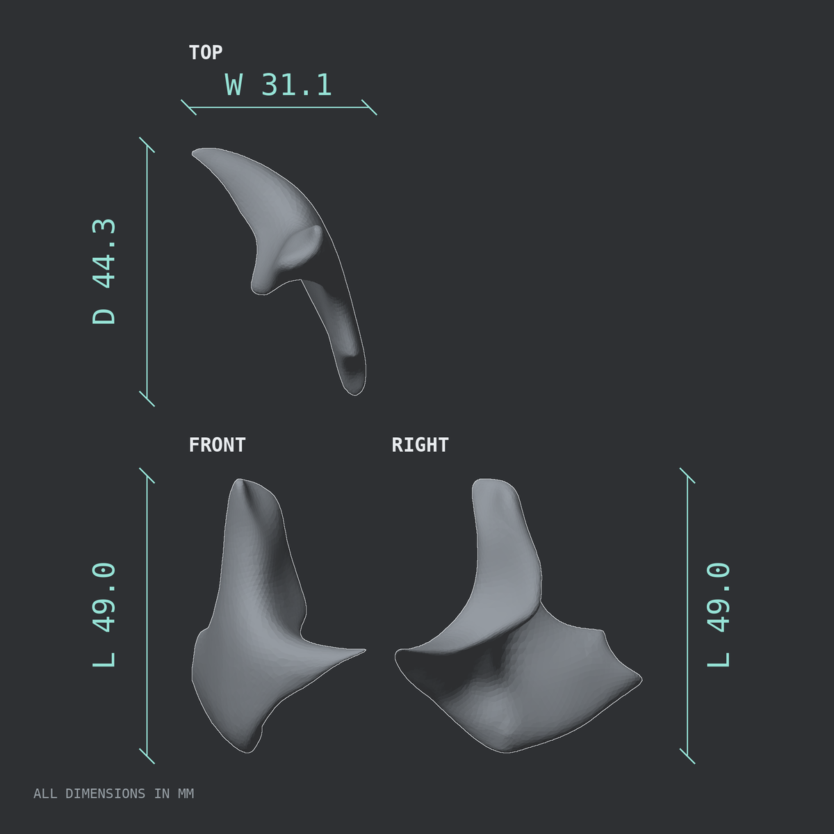3D rendered dimensional drawing of the Right zygomatic bone (cheekbone), top, front, and side views.